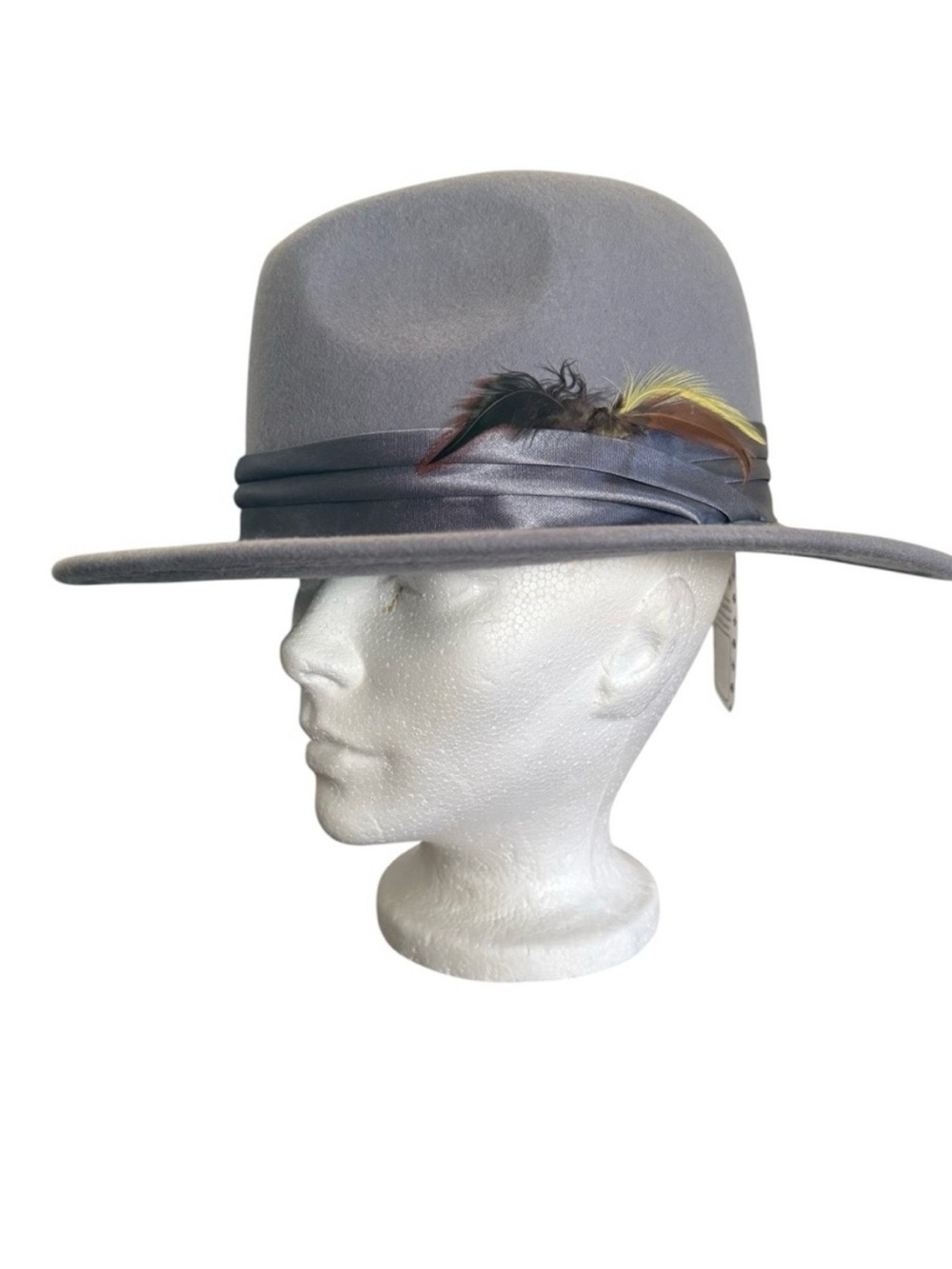 Vintage Rivington & Mott Grey Wool Fedora Size M/L Feather Grosgrain Band Hat